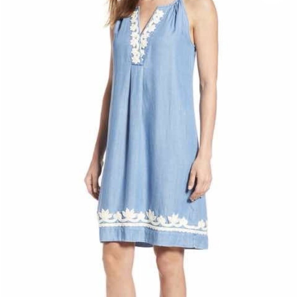 Tommy Bahama Chambray Embellished Casual Distressed Halter Dress Size XS Blue